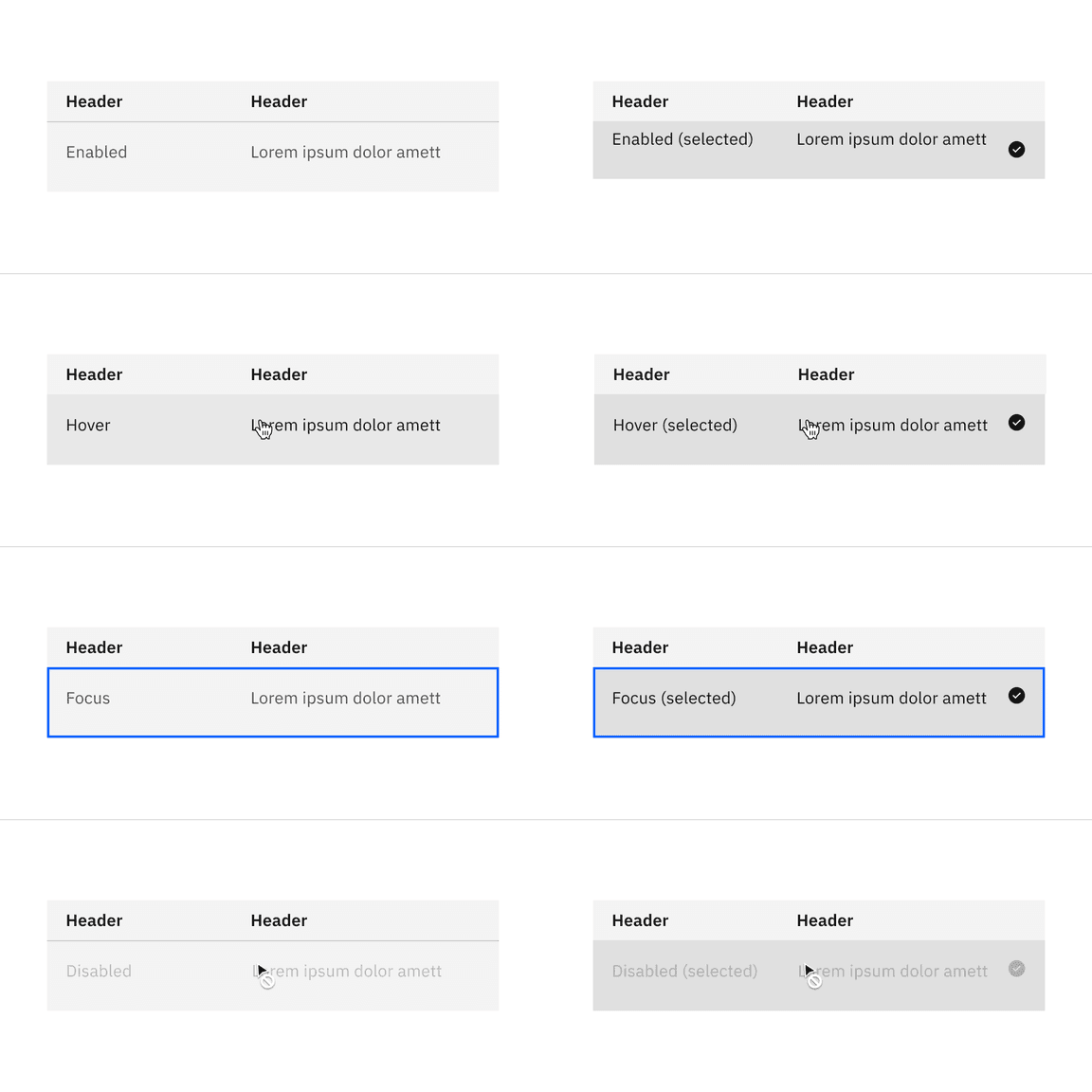 Selectable structured list interactive states with the feature flag disabled